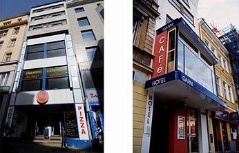 В узких домах часто размещают отели, один из них, слева, отель Avion в Брно и отель Вена, справа, в Теплице